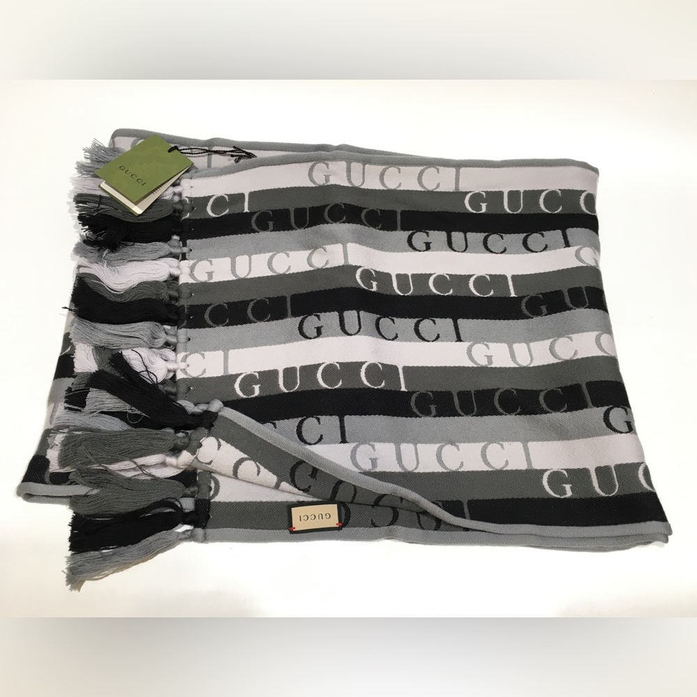 AUTHENTIC GUCCI WOOL STRIPED LONG SCARF -GREY / BLACK -NWT
